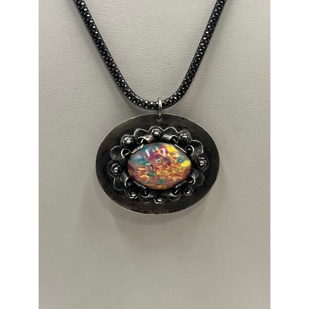 Sterling Silver Vintage Fire Opal Pendant Brooch‎ Necklace Hecho En Mexico 22g